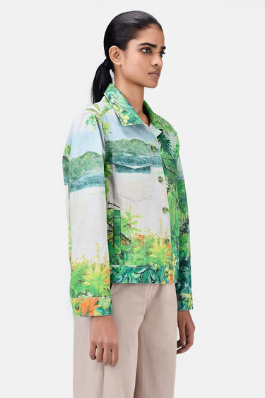 Easy Fit Denim-Style Jacket with Pixelated Landscape Print