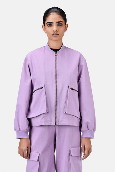 Easy Fit Lavender Cotton Drill Bomber Jacket with Drop Shoulders