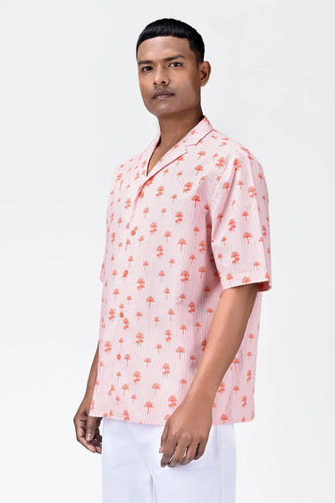 Easy Fit Shirt with Sailor Collar & Palm Stripe Print-Coral Orange - Genes Lecoanet Hemant