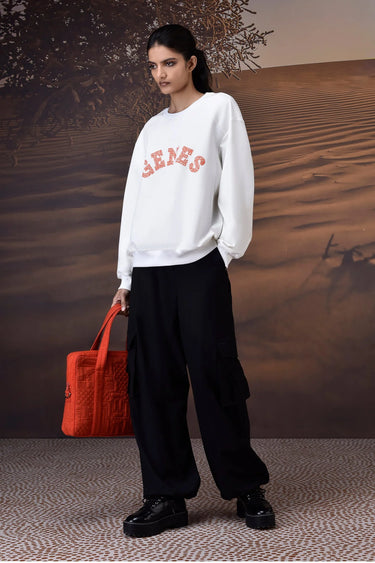 Ecru Crew Neck Sweatshirt with Textured GENES Appliqué - Genes Online Store