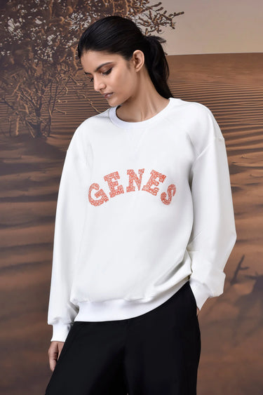 Ecru Crew Neck Sweatshirt with Textured GENES Appliqué - Genes Online Store