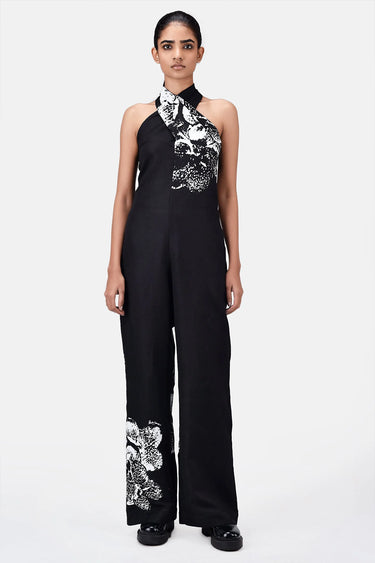 Elegant Orchid Print Jumpsuit with Back Neck Tie-Up - Genes Lecoanet Hemant