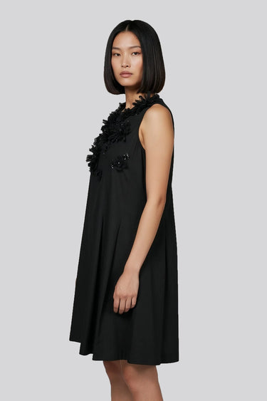 Black A-line dress women India with floral embellishment detailing