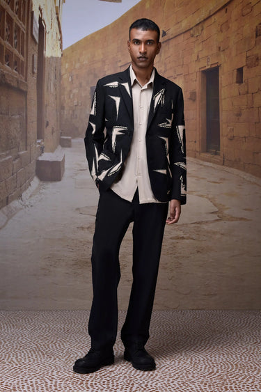 Embroidered Black Poly‑Wool Jacket - Genes Online Store