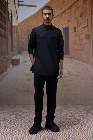 Black embroidered poplin band collar shirt for men by Genes Lecoanet Hemant India