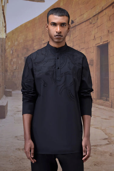 Men black designer band collar shirt with embroidery, luxury fashion India