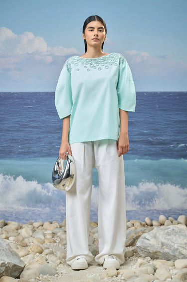 Embroidered Elbow-Sleeve Top in Premium Cotton Poplin – Mint Green
