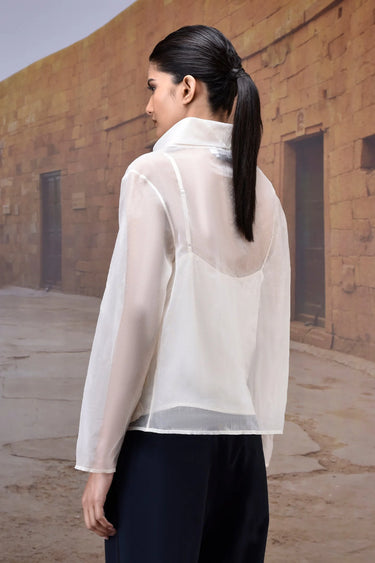 Embroidered Organza Funnel Collar Top - Genes Online Store
