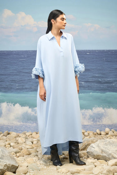 Embroidered Oversized Polo-Collar Dress in Premium Cotton Poplin – Light Blue