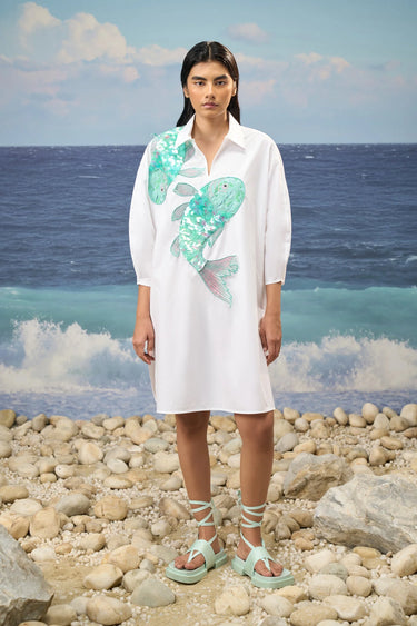 Embroidered Polo-Collar Dress in Premium Giza Cotton Poplin – White