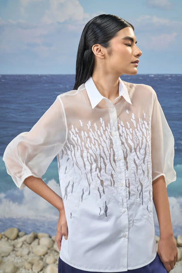 Embroidered Puff-Sleeve Shirt in Premium Cotton Poplin & Organza – White