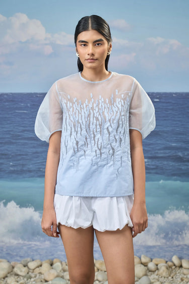 Embroidered Puff-Sleeve Top in Premium Cotton Poplin & Organza – Light Blue