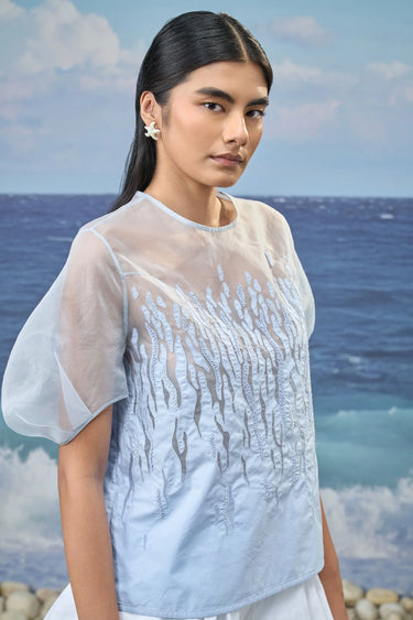 Embroidered Puff-Sleeve Top in Premium Cotton Poplin & Organza – Light Blue
