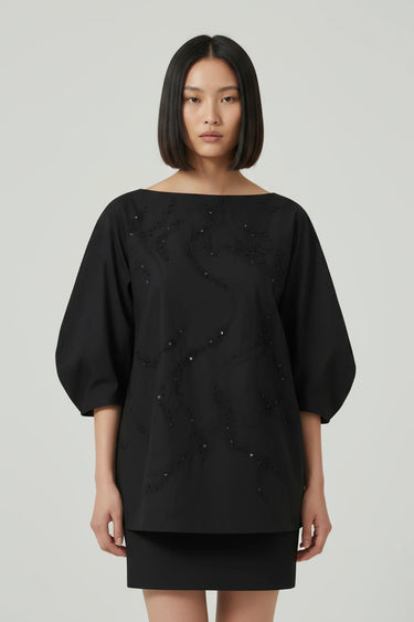 Women black designer relaxed top with embroidery, luxury casual wear India