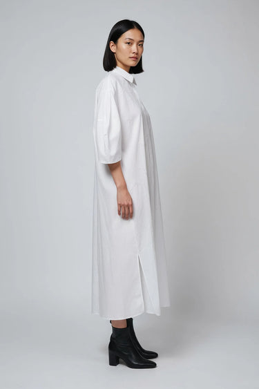 White relaxed fit shirt dress women India with classic collar and embroidery