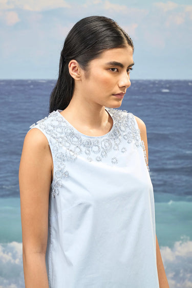 Embroidered Sleeveless Dress in Premium Cotton Poplin – Light Blue