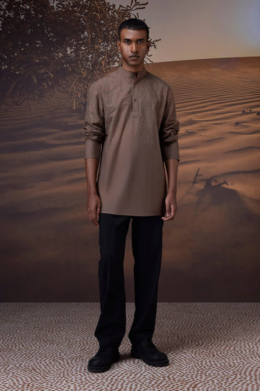 Warm beige embroidered poplin band collar shirt for men by Genes Lecoanet Hemant India