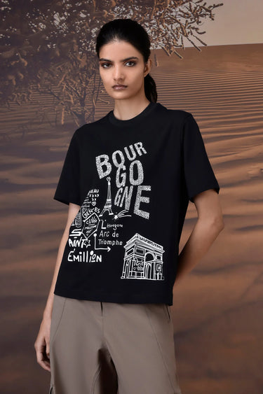 Black cotton jersey T-shirt with French landmark sketch print and crew neckline