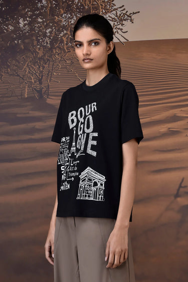 Black short sleeve cotton jersey T-shirt with artistic French city sketch design