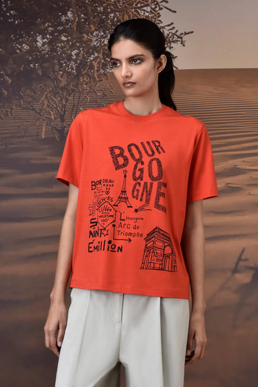 Red cotton jersey T-shirt for women with French sketch artwork and crew neckline