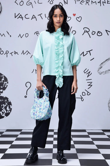 Frill Collar Relax Fit Top- Nile Green - Genes Online Store