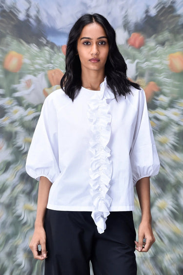 Frill Collar Relax Fit Top- White - Genes Online Store