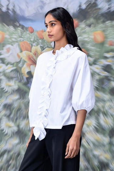 Frill Collar Relax Fit Top- White - Genes Online Store