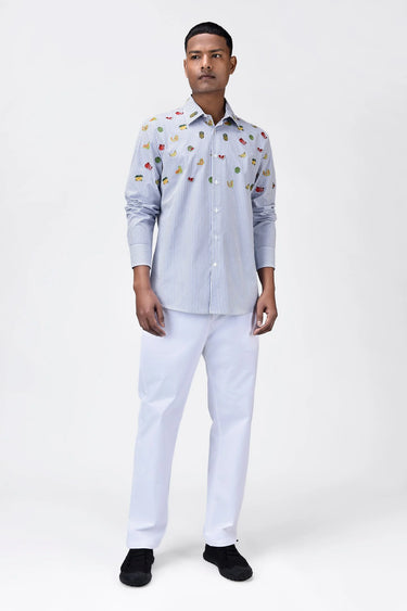 Fruit Motifs Embroidered Striped Men's Button-Down Shirt - Genes Lecoanet Hemant