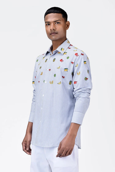 Fruit Motifs Embroidered Striped Men's Button-Down Shirt - Genes Lecoanet Hemant