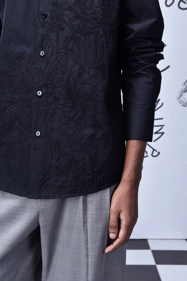 Garden Thread Embroidery Regular Fit Shirt- Black - Genes Online Store
