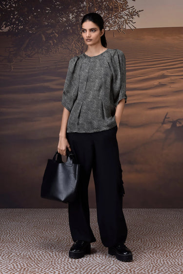 Black gathered satin blouse for women by Genes Lecoanet Hemant India