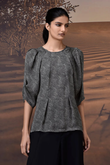 Black satin blouse women India with soft gathers and fluid drape