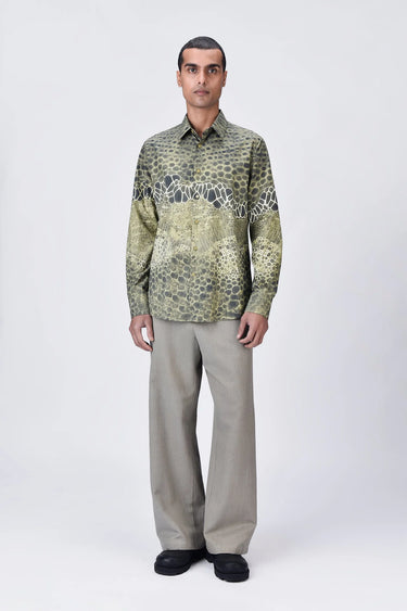 Giza Cotton Poplin Button-Up Shirt with Microcell Print - Clay Green - Genes Lecoanet Hemant