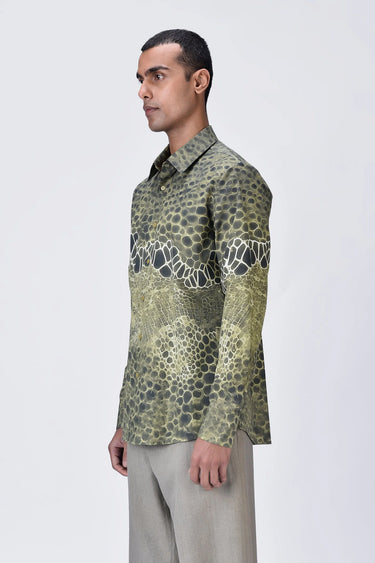 Giza Cotton Poplin Button-Up Shirt with Microcell Print - Clay Green - Genes Lecoanet Hemant