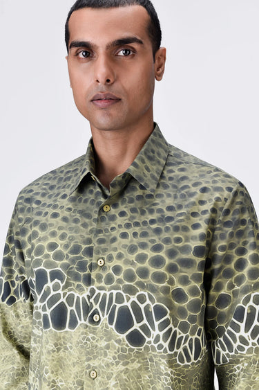 Giza Cotton Poplin Button-Up Shirt with Microcell Print - Clay Green - Genes Lecoanet Hemant