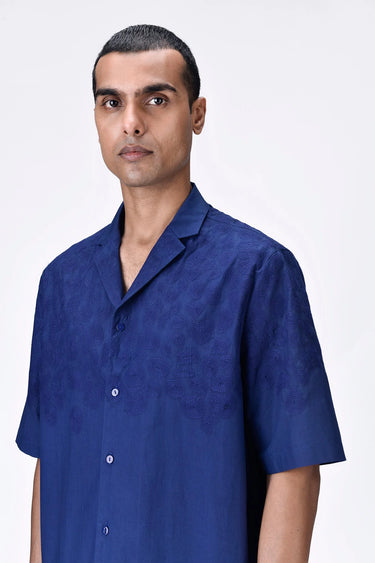 Giza Cotton Poplin Easy Fit Cuban Collar Shirt with Micro Cell Embroidery - Navy Blue