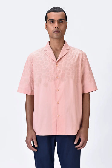 Giza Cotton Poplin Easy Fit Cuban Collar Shirt with Micro Cell Embroidery - Pink