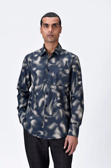 Giza Cotton Poplin Shirt with Aurora Print - Black