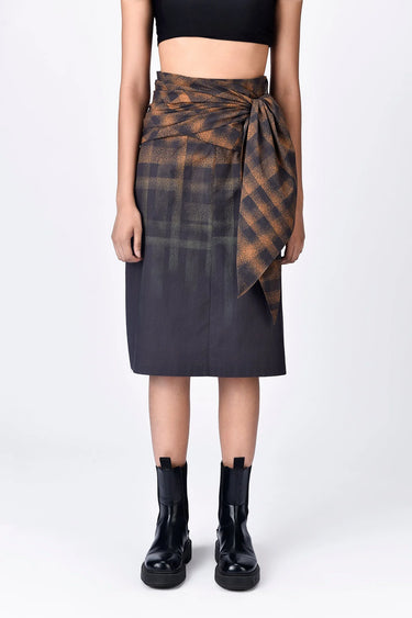 Giza Cotton Poplin Straight Fit Skirt with Draped Waist - Brown - Genes Lecoanet Hemant