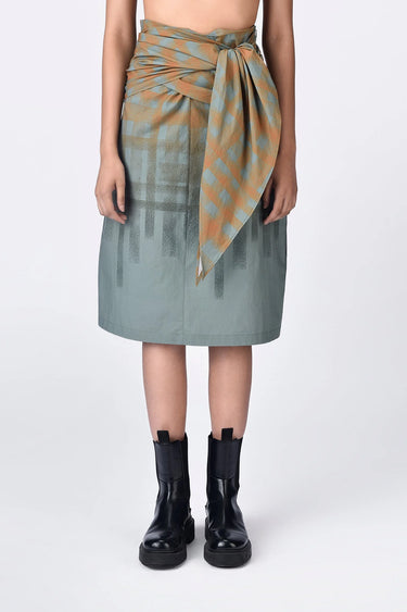 Giza Cotton Poplin Straight Fit Skirt with Draped Waist - Taupe - Genes Lecoanet Hemant