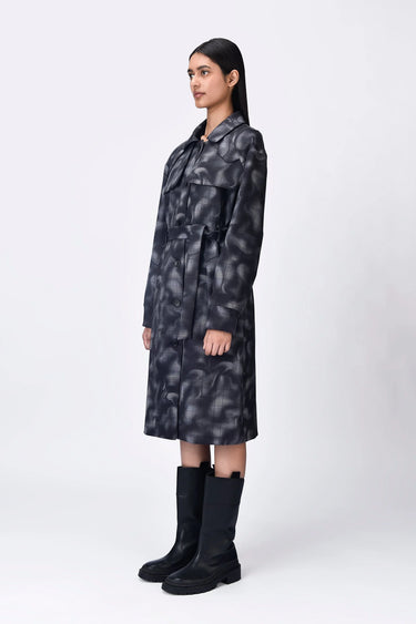 Grey Check Banana Crepe Overcoat