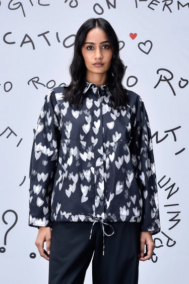 Heart Print Oversized Shirt - Black - Genes Online Store