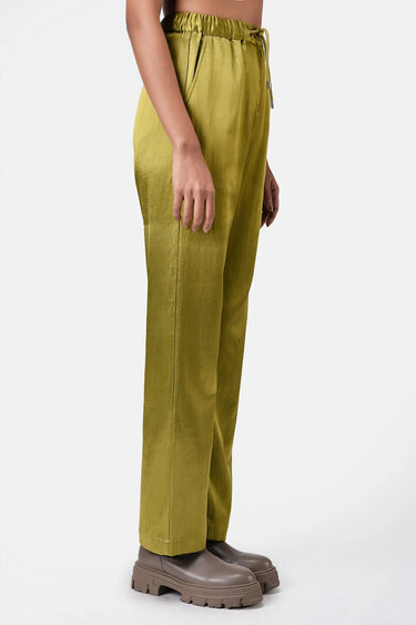 Heavy Satin Straight Fit Trousers Bright Olive - Genes Lecoanet Hemant