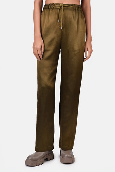 Heavy Satin Straight Fit Trousers-Khaki - Genes Lecoanet Hemant