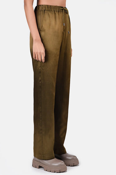Heavy Satin Straight Fit Trousers-Khaki - Genes Lecoanet Hemant