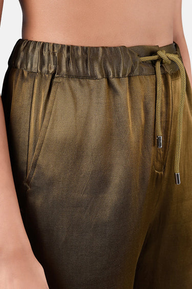 Heavy Satin Straight Fit Trousers-Khaki - Genes Lecoanet Hemant