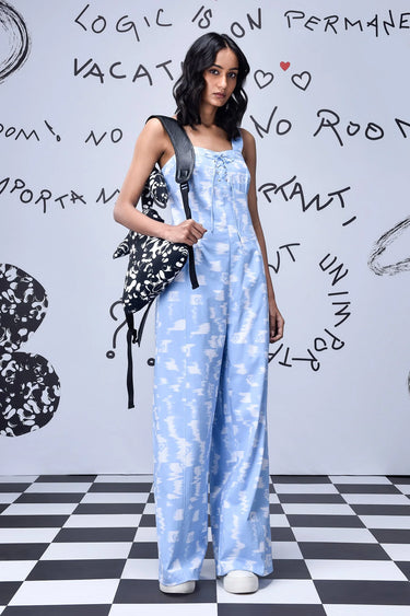 Ikkat Check Relaxed Fit Dungaree- Light Blue - Genes Online Store