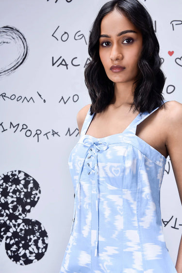 Ikkat Check Relaxed Fit Dungaree- Light Blue - Genes Online Store