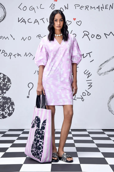 Ikkat Check Semi Fit Dress- Smoothie Pink - Genes Online Store