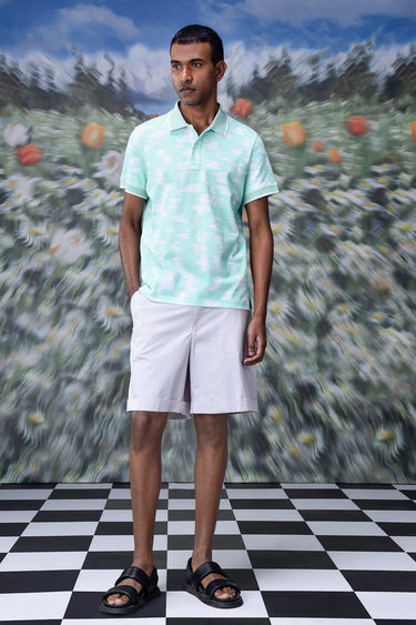 Nile green ikkat print polo T-shirt for men with textured design
